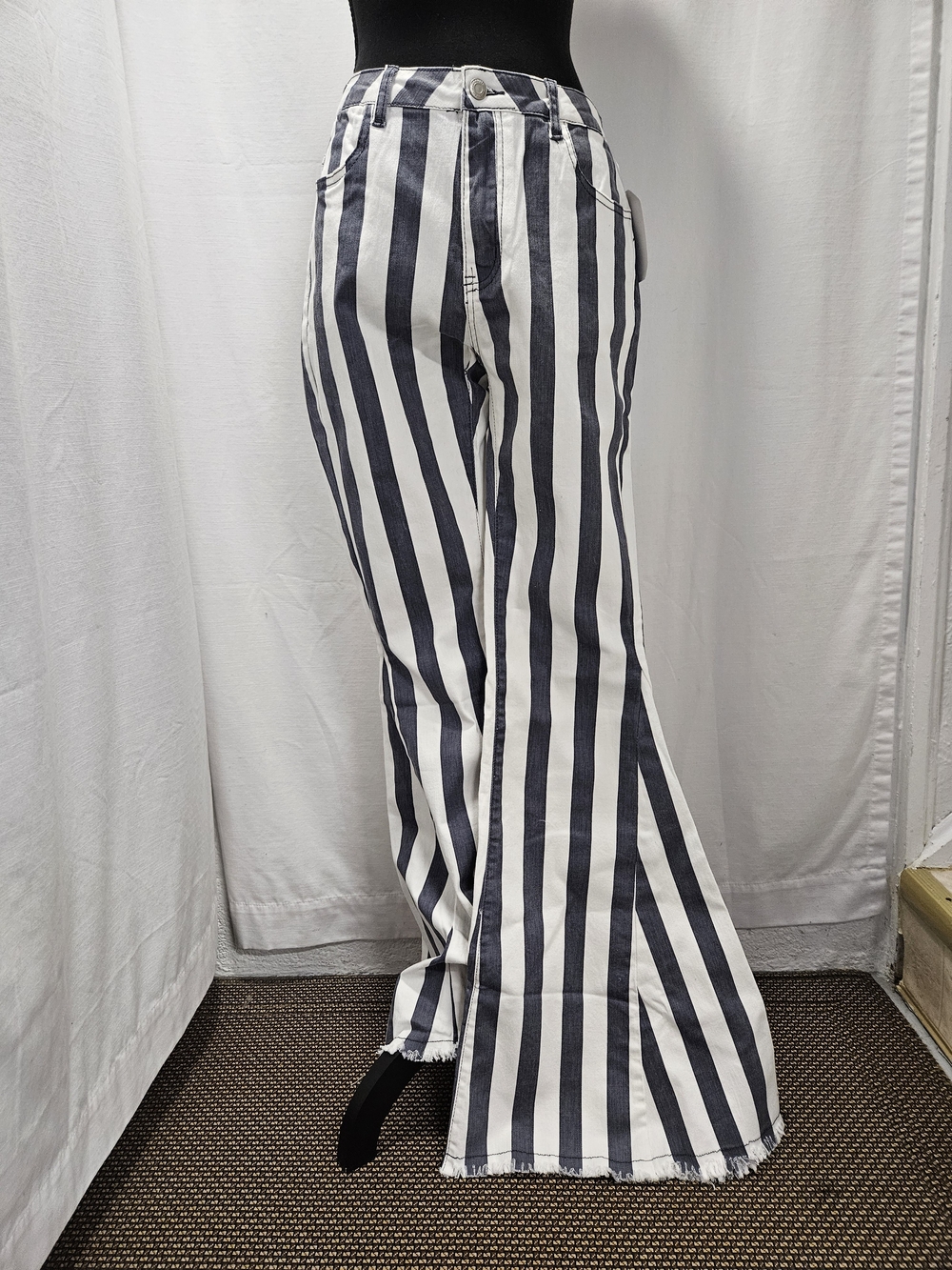 Saints & Hearts Black White Striped Bell Bottom Jeans L NWT